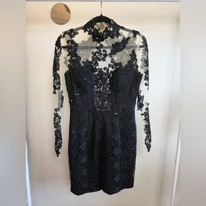 JANIQUE Lace Embroidered Black Evening Dress Sheer Mesh Gothic Cocktail